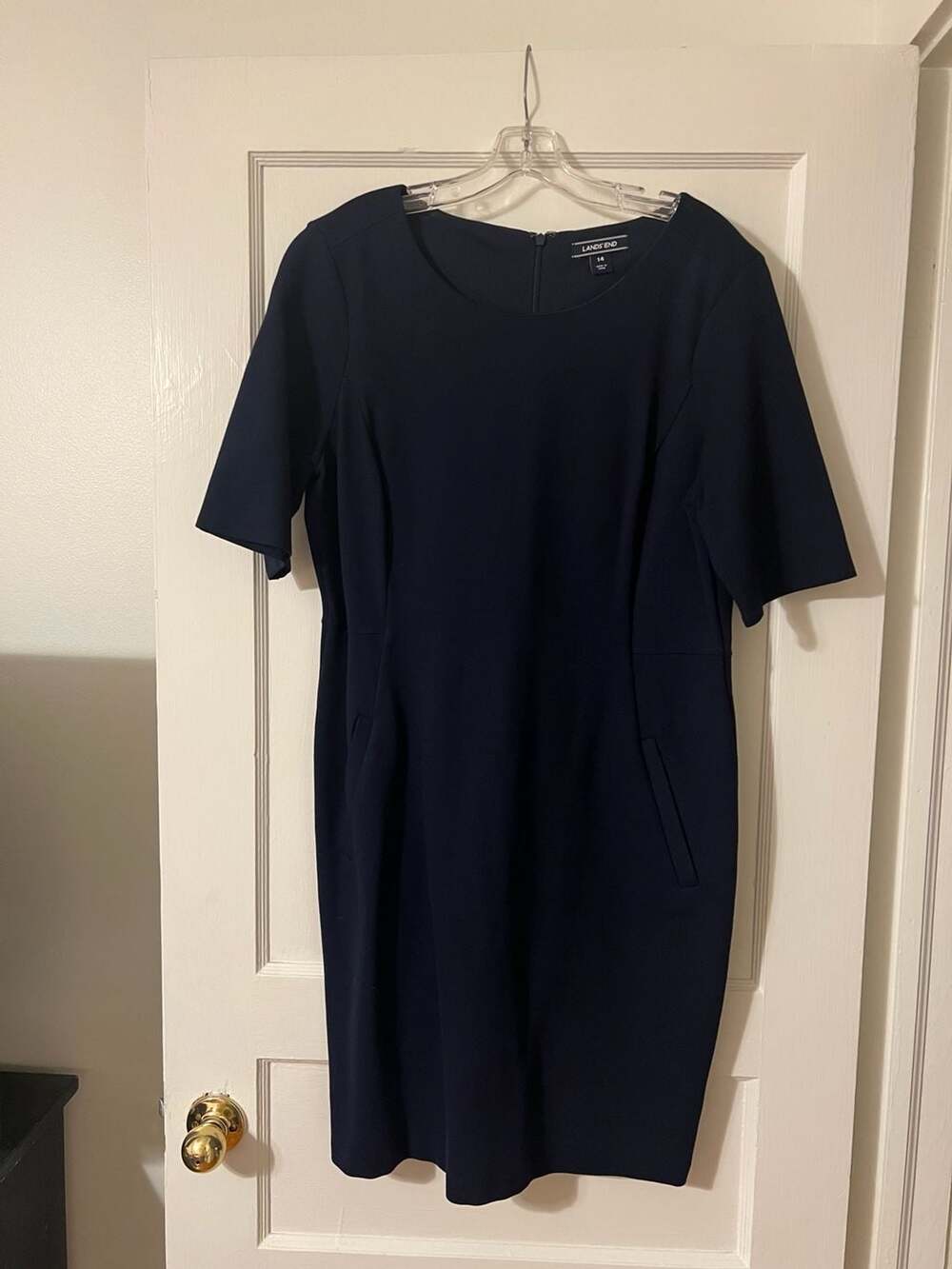 Lands' End Navy Blue Ponte Knit Short Sleeve Sheath Dress with Pockets Size 14